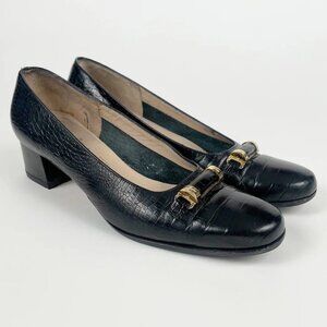 Salvatore Ferragamo 1980s Vintage Black Embossed Leather Pumps Sz 6.5 A